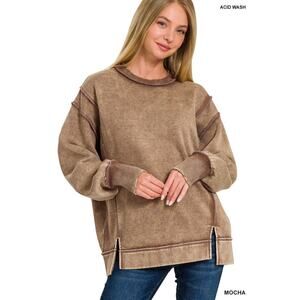 Zenana Acid wash exposed-seam fleece sweatshirt- MOCHA